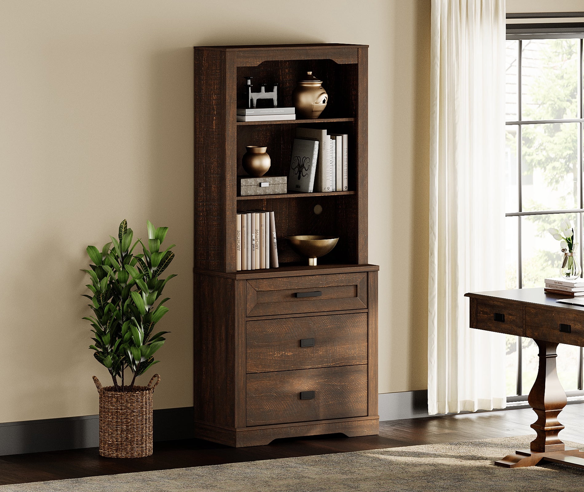 WAMPAT 3 Tier Bookcase with Drawer,73.3" Tall Floor Standing Bookshelf,Modern Farmhouse Display Storage Cabinet with Adjustable Shelves,Rustic Brown