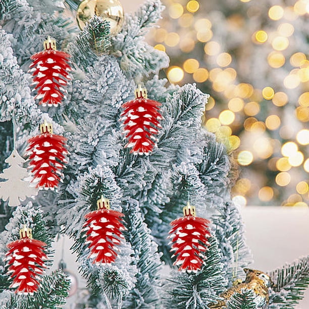 Adornos navideños de piñas de plástico pintadas | Juego de 6 adornos para árbol pintados a mano en dorado, rojo, plateado y más | Decoración navideña de 6 x 4,5 cm