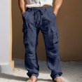 thumbnail image 3 of WULMLEO Men's Cargo Sweatpants Drawstring Joggers Relaxed Fit Stretch Linen Cotton Casual Pants with Pockets Navy 3XL, 3 of 5