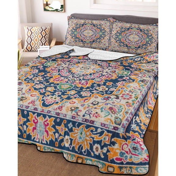 Boho Blue Yellow Twin Size Down Alternative Comforter,Lightweight Comforter Quilt Bedding Set with Pillow Shams Ethnic Vintage Mexican Flowers Southwestern Bed Comforter Duvet Insert 68"x86"