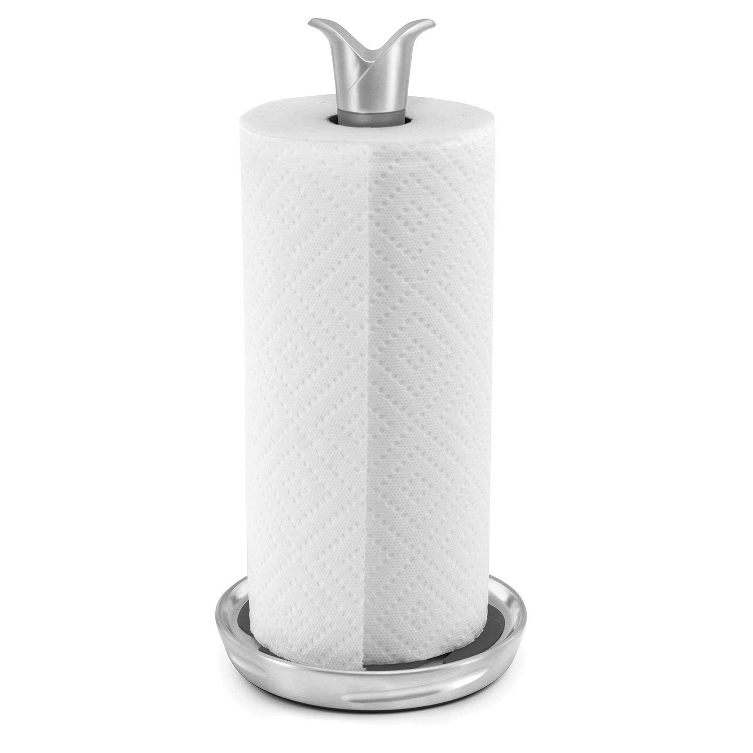 Polder Fleur Single-Tear Standing Paper Towel Holder with Heavyweight Base, Stainless Steel