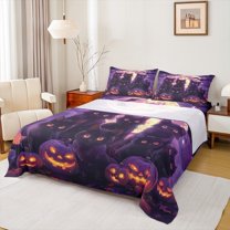 Manfei Kawaii Cat Kitten Bed Sheets,Spooky Pumpkin Lantern King Sheets,Happy Halloween Sheet Set For Child,Breathable Home Decor,4-Piece