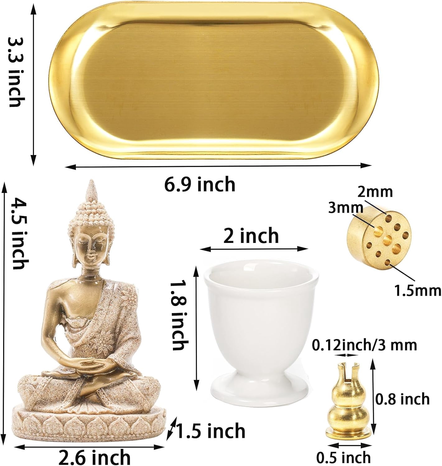 6 in 1 Brass Incense Burner Holder, Palo Santo & Sage Sticks Holder, Ash Catcher Tray with Buddha Statue for Coil Incense, Incense Cone & Stick, Meditation Accessories, Yoga Room Decor