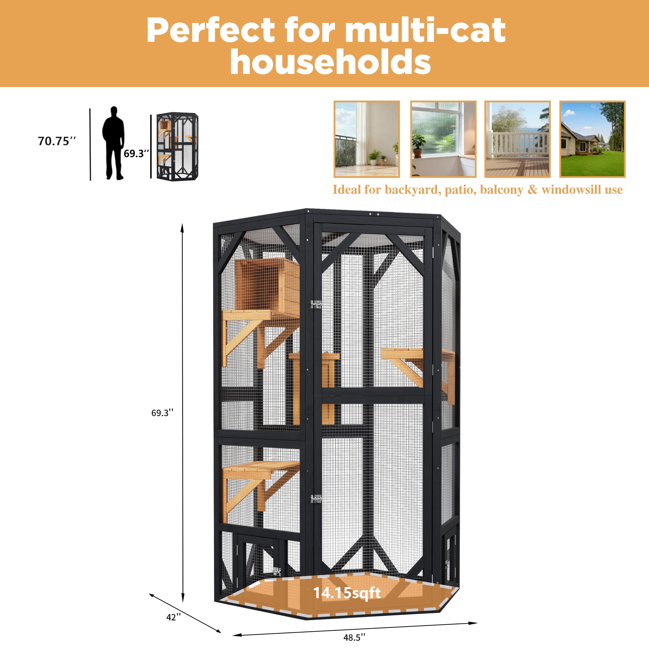 70" Catio Outdoor Cat Enclosure,Large Cat House Walk-in Cat Cage with Waterproof Cover for Multi Cats, Black with Yellow