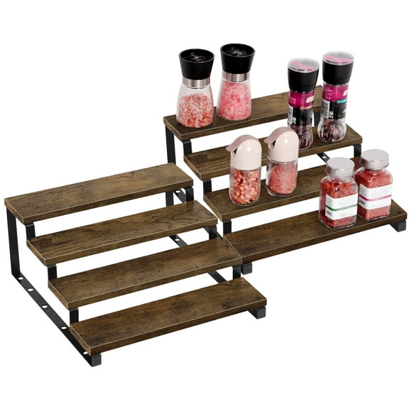 BTY Adjustable 4 Tier Spice Rack Organizer Expandable, Rustic Wood and Meta,Fits Kitchen, Pantry, Bar, or Desk Storage