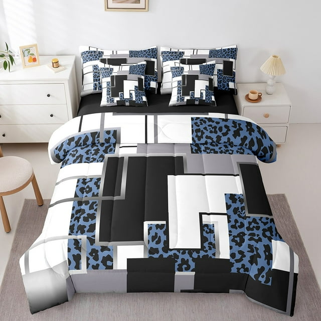 YST Blue Cheetah Print Comforter Set With Sheets 7 Piece Black Silver Gray Abstract Geometric Bedding Set Full For Boys Adults Men,Leopard Checkered Bed In A Bag Wildlife Grids Bed Set