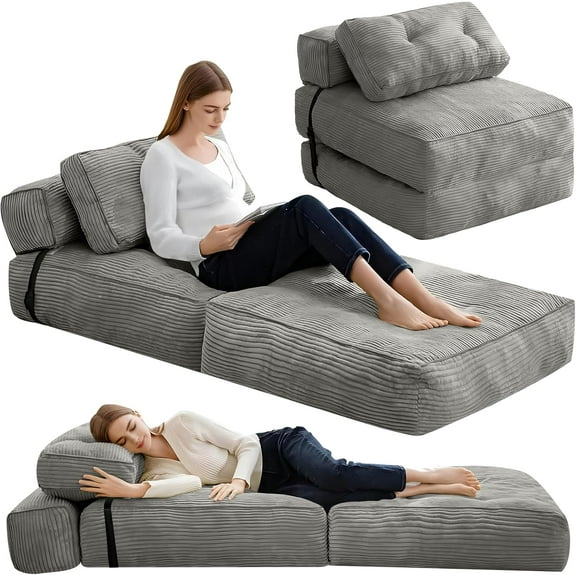 LinkRomat Foldable Sofa Bed, Floor Sofa Lounge with Pillow and Back Support, Foldable Couch Futon Mattress with Ergonomic Support, Convertible Sleeper Couch for Small Space, Living Room (Light Gray)