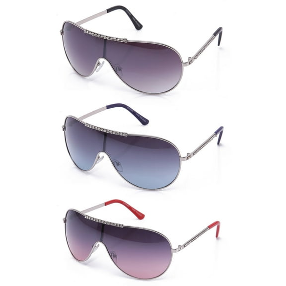 3 Packs Oversized One Piece Lens Metal Aviator Rhinestone Large Frame Fashion Sunglasses for Women