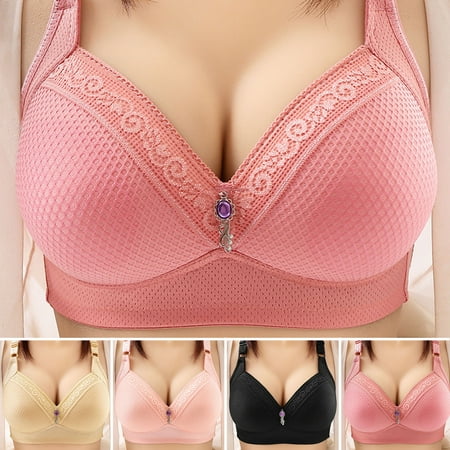 

Honrane Women Bra Gather with Pad Three-breasted Lace Solid Color Support Breast Low Cut Adjustable Strap Plus Size Sports Brassieres for Inner Wear