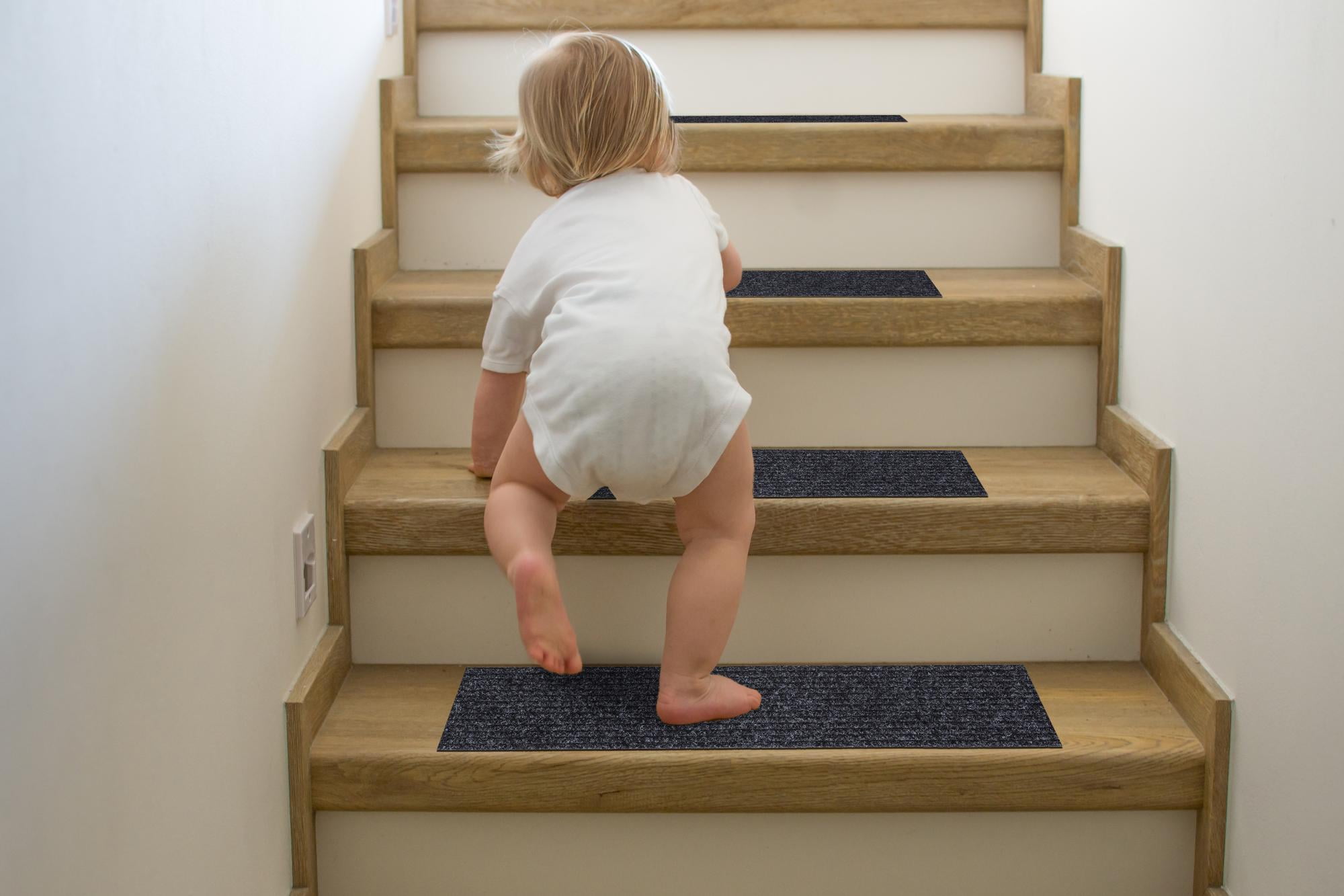 Ottomanson Indoor/Outdoor Non-Slip Stair Treads for Wooden Steps 8" x 30" Rubberback Step Mat, 7 Pack, Black