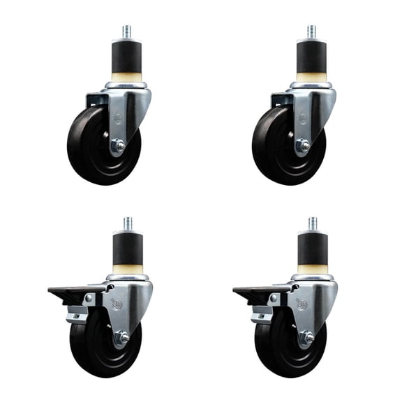 4 Inch Soft Rubber Wheel Swivel 1-7/8 Inch Expanding Stem Caster Set 2 Brakes