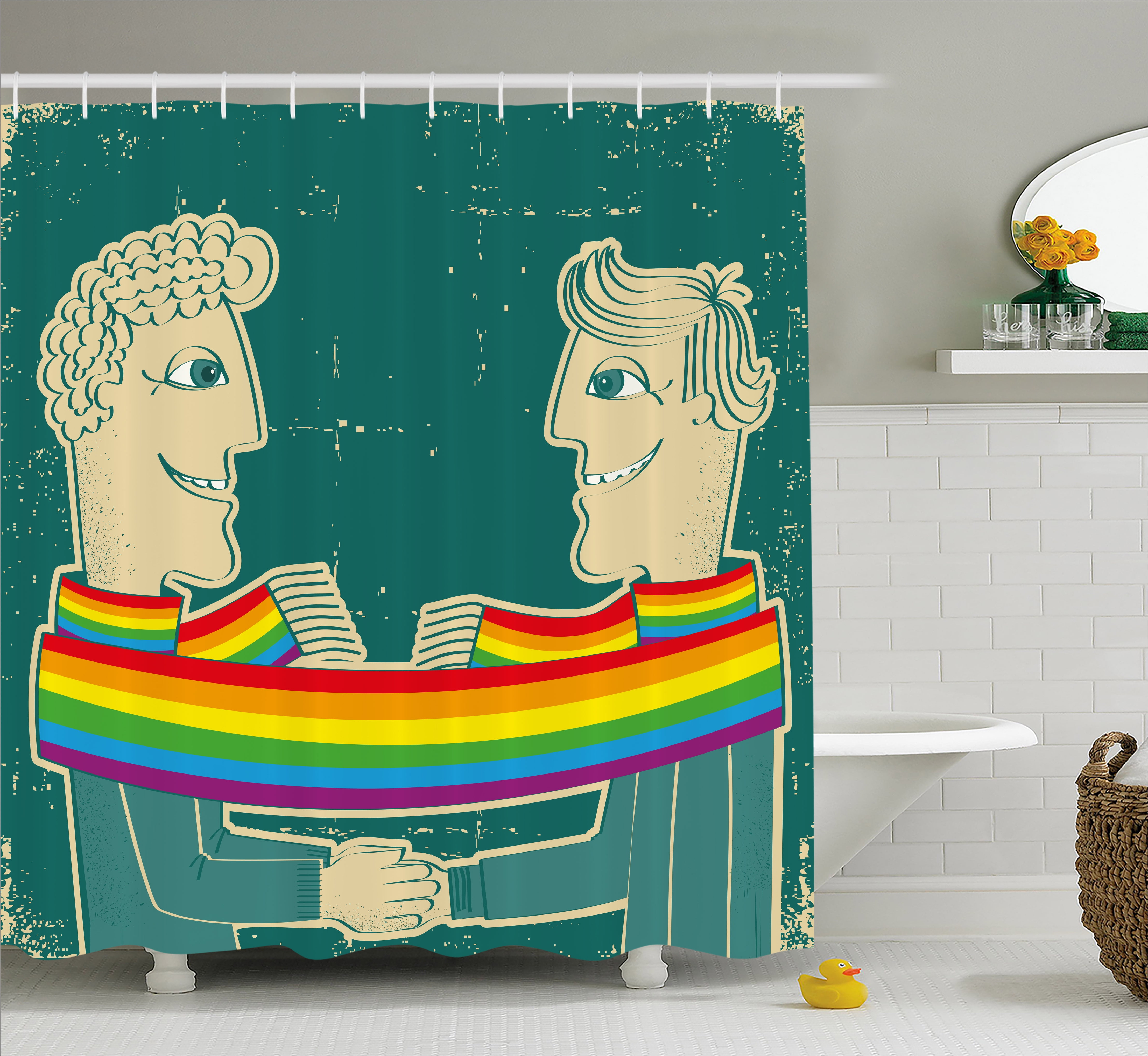 Pride Decorations Shower Curtain, Happy Gay Couple Tied with Rainbow Colored Scarf Holding Hands