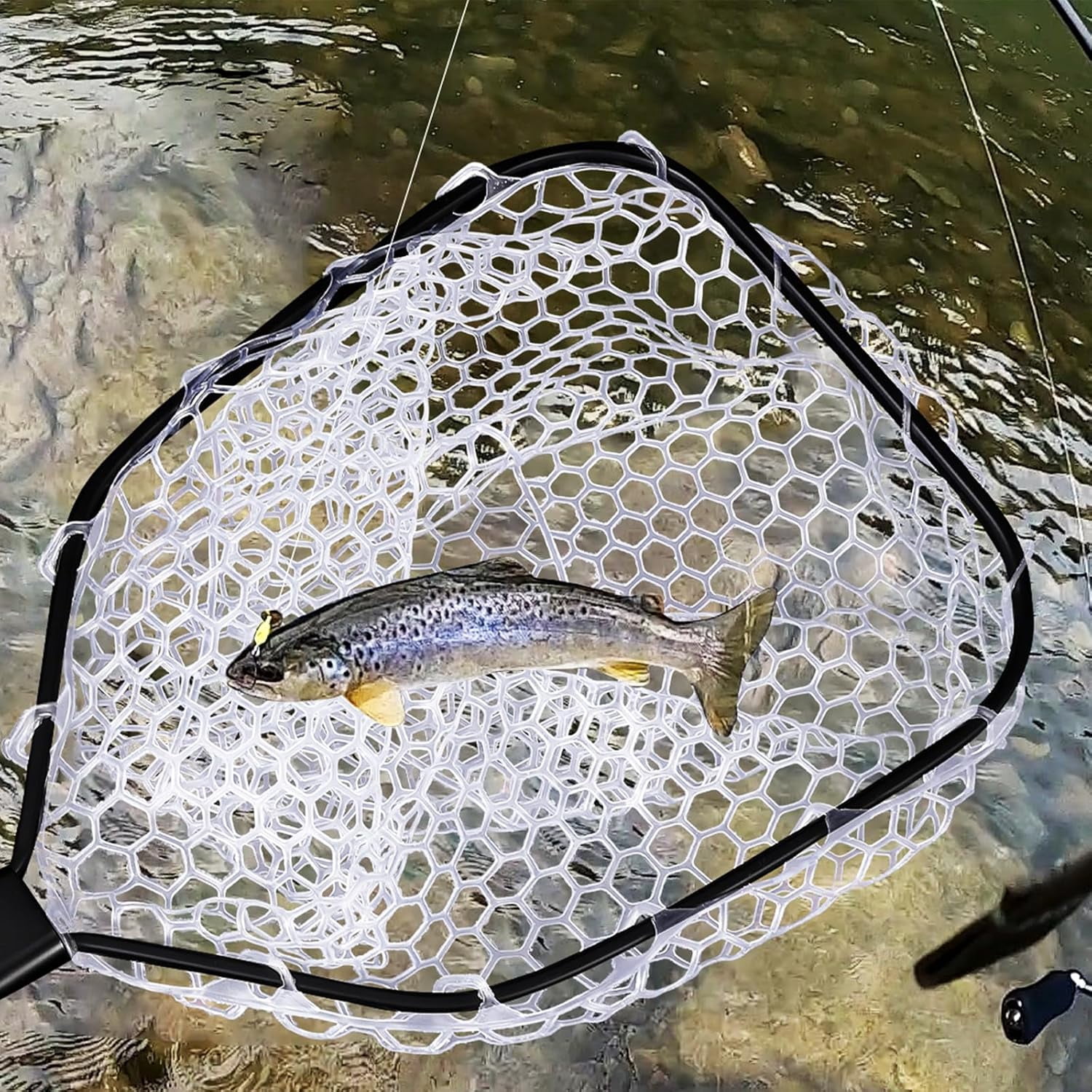 ATENOW Fly Fishing Landing Net Trout Fishing Net, Soft Rubber Catch and Release Fish Net with Wooden Handle Frame, 63*30.5*2.5cm