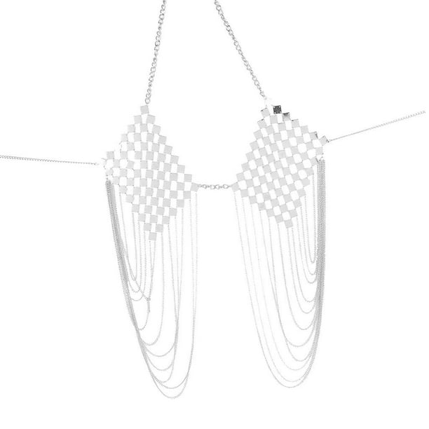 Sujetador sexy de mujer con top halter sin espalda y cadena corporal plateada con borlas para la playa Plata
