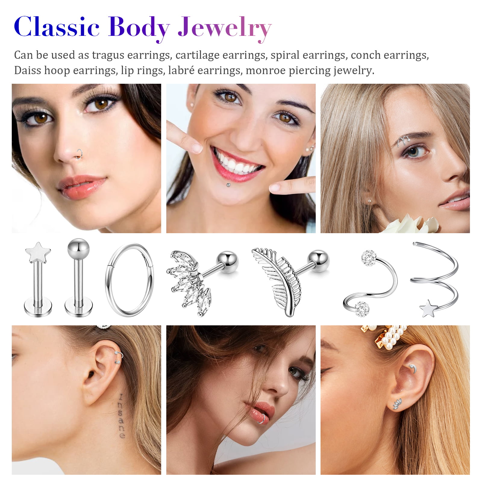  Ubjuliwa 27Pcs 16G Cartilage Earrings Stud Hoop for Women  Stainless Steel Forward Helix Piercing Tragus Earrings Conch Piercing  Jewelry Black : Clothing, Shoes & Jewelry