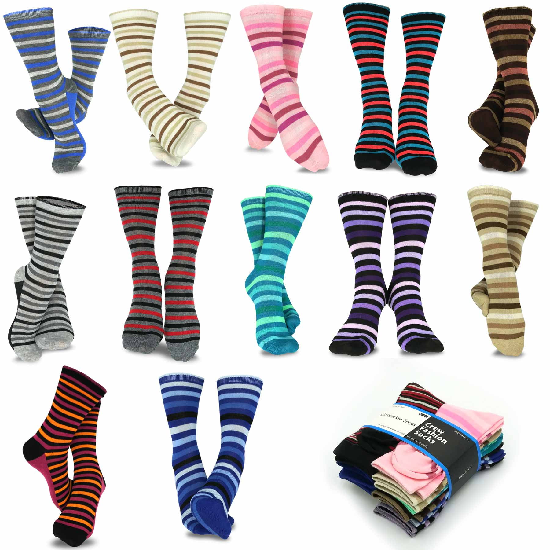 TeeHee Women's Value 12-Pack Fun Crew Socks (Thin Stripe) - Walmart.com