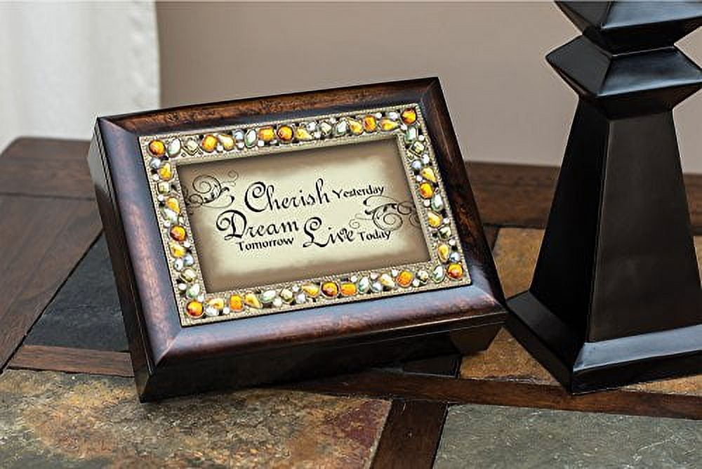 Cherish Yesterday Dream Tomorrow Amber Earth Tone Jewelry Music Box Plays Wonderful World