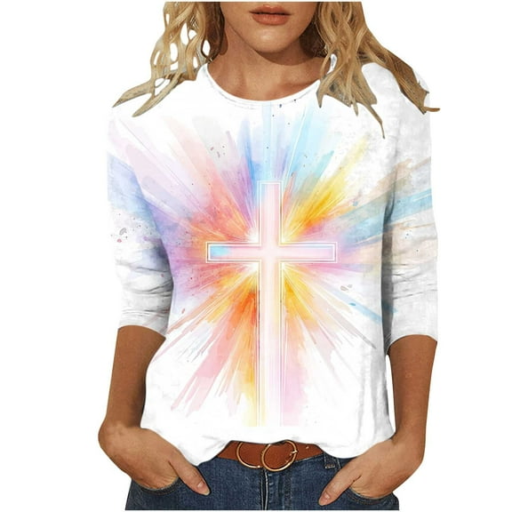 Karight 2026 Easter Shirts for Women Funny Bunny Egg Graphic Tees Cute Festival Outfits 3/4 Sleeve Tops T-Shirt Gifts