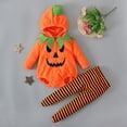 thumbnail image 6 of Mrzhqd Halloween Outfit Set For Boy Girl Size 6-12 Months Orange Hooded Neck Long Sleeve Romper With Pants Two Pieces Set Pumpkin Print Cute Soft Fall Winter Halloween Kids Clothes Set, 6 of 9