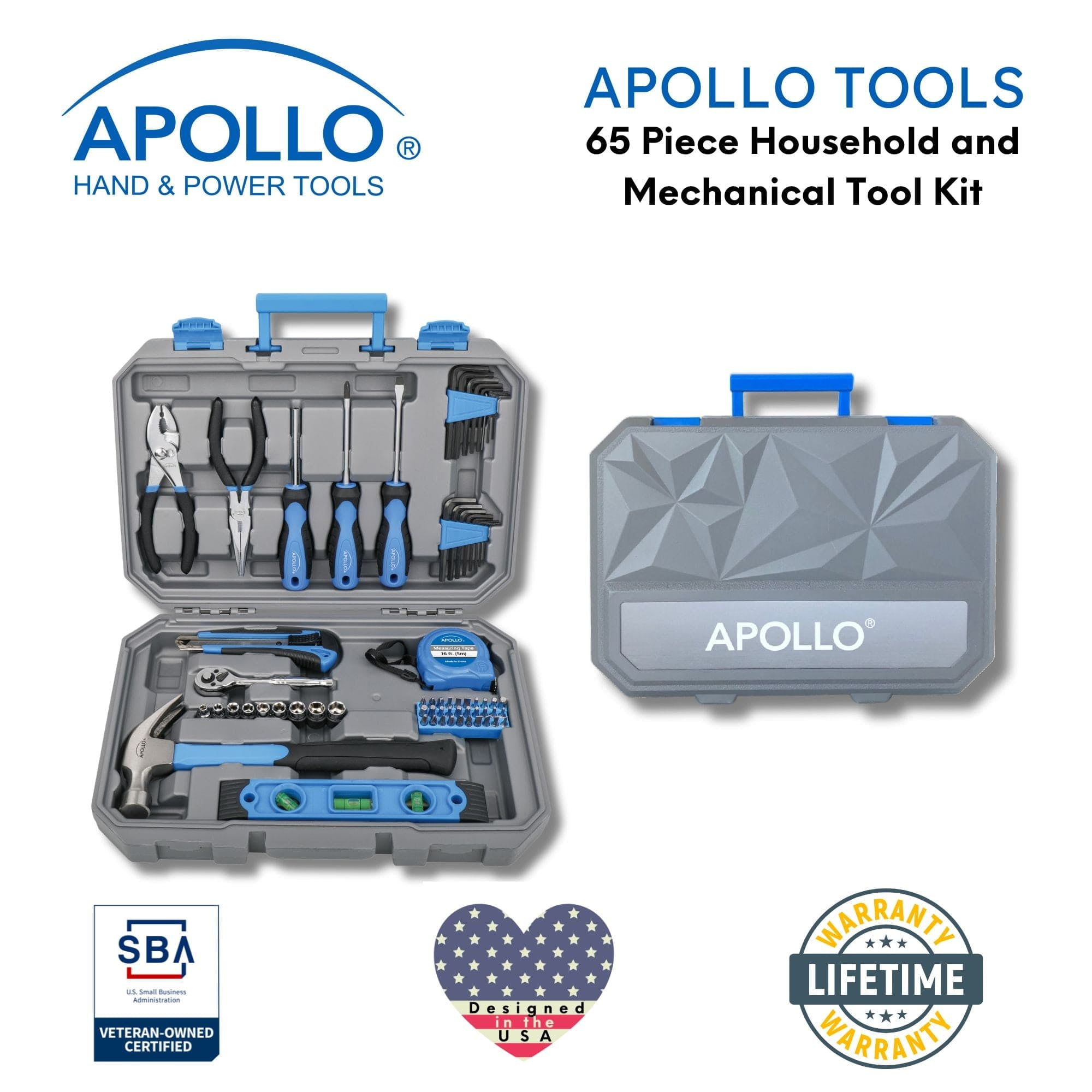 Apollo Tools 65 Piece Compact Household and Mechanical Tool Set Blue and Gray DT0001