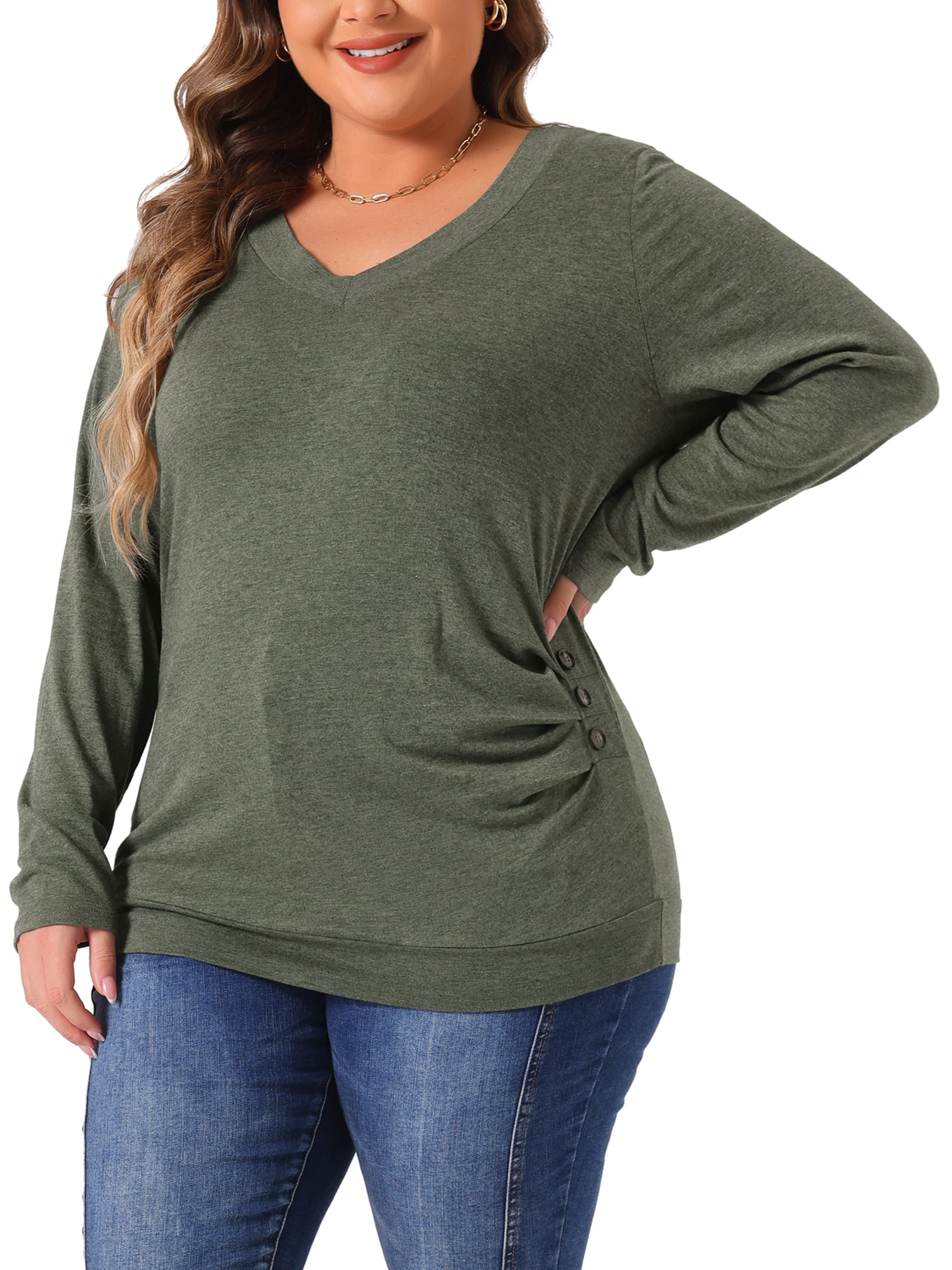 DARING DIVA Women's Plus Buttons Decor Ruched Casual Blouses 1X Green
