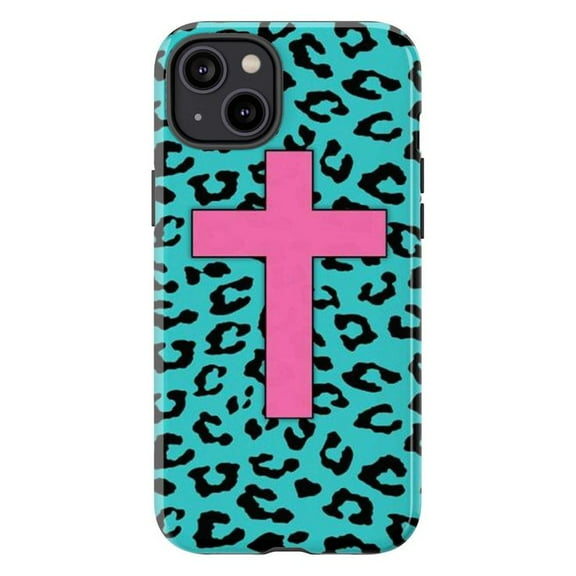 Bold Leopard Print Phone Case with Pink Cross, Vibrant Animal Pattern iPhone Cover, Stylish Protective Case for iPhone 16 15 14 13 12 11 Pro Plus Mini