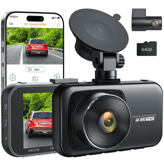 4K WiFi Dual Channel Dash Cam - Front 4K + Rear 1080P, 64GB Card, App Control, Parking Mode, Night Vision