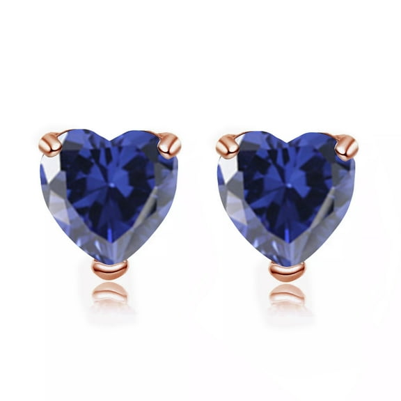 14k Rose Gold Plated Over Sterling Silver 1 Carat Heart Created Blue Sapphire Stud Earrings