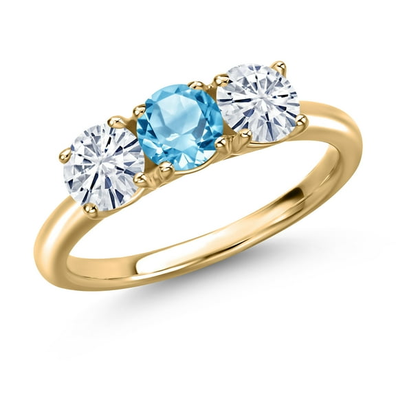 Gem Stone King 10K Yellow Gold Swiss Blue Topaz and White Moissanite Engagement Ring for Women | 1.65 Cttw | Round 5MM | Gemstone November Birthstone | Size 8