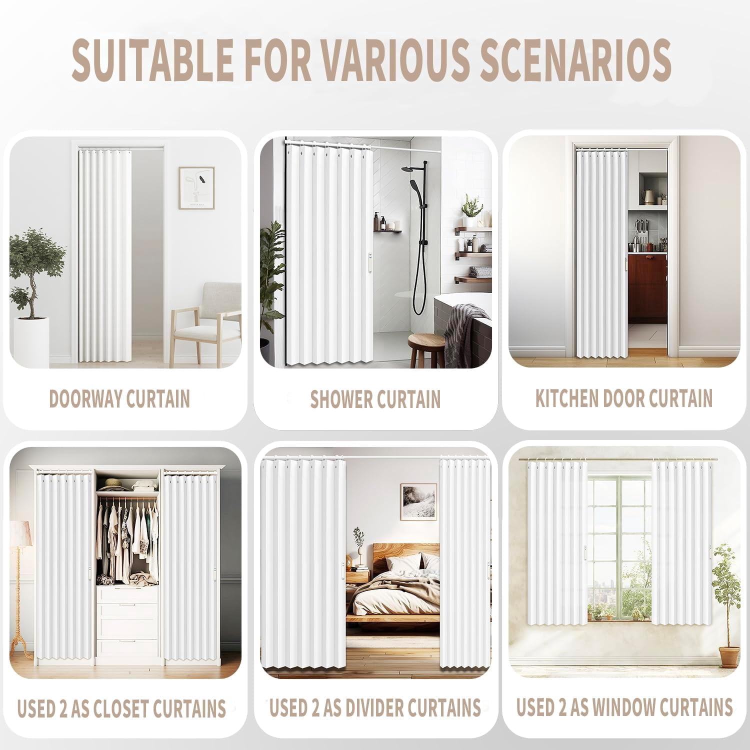 Vatge Door Curtains for Doorway, Folding Door Curtain Interior Closet Curtain for Bedroom, Bathroom, and Laundry Room, Pleated Door Curtains for Doorway,1 Panel with Tieback, W39 x L78, White