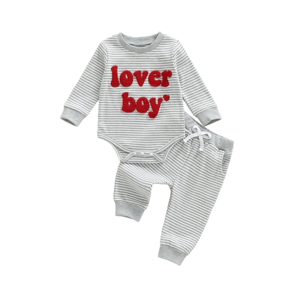 BemeyourBBs Newborn Baby Boy Valentines Day Outfit Lover Boy Long Sleeve Letter Embroidery Romper with Pants Set 2Pcs Spring Clothes