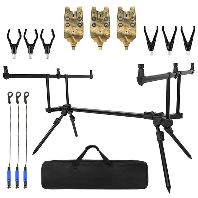 Soporte para cañas de pescar ajustable y retráctil, soporte para cañas de pescar con 3 alarmas de picada, 3 piezas de oscilador de cebo de pesca, conjunto de accesorios de pesca.