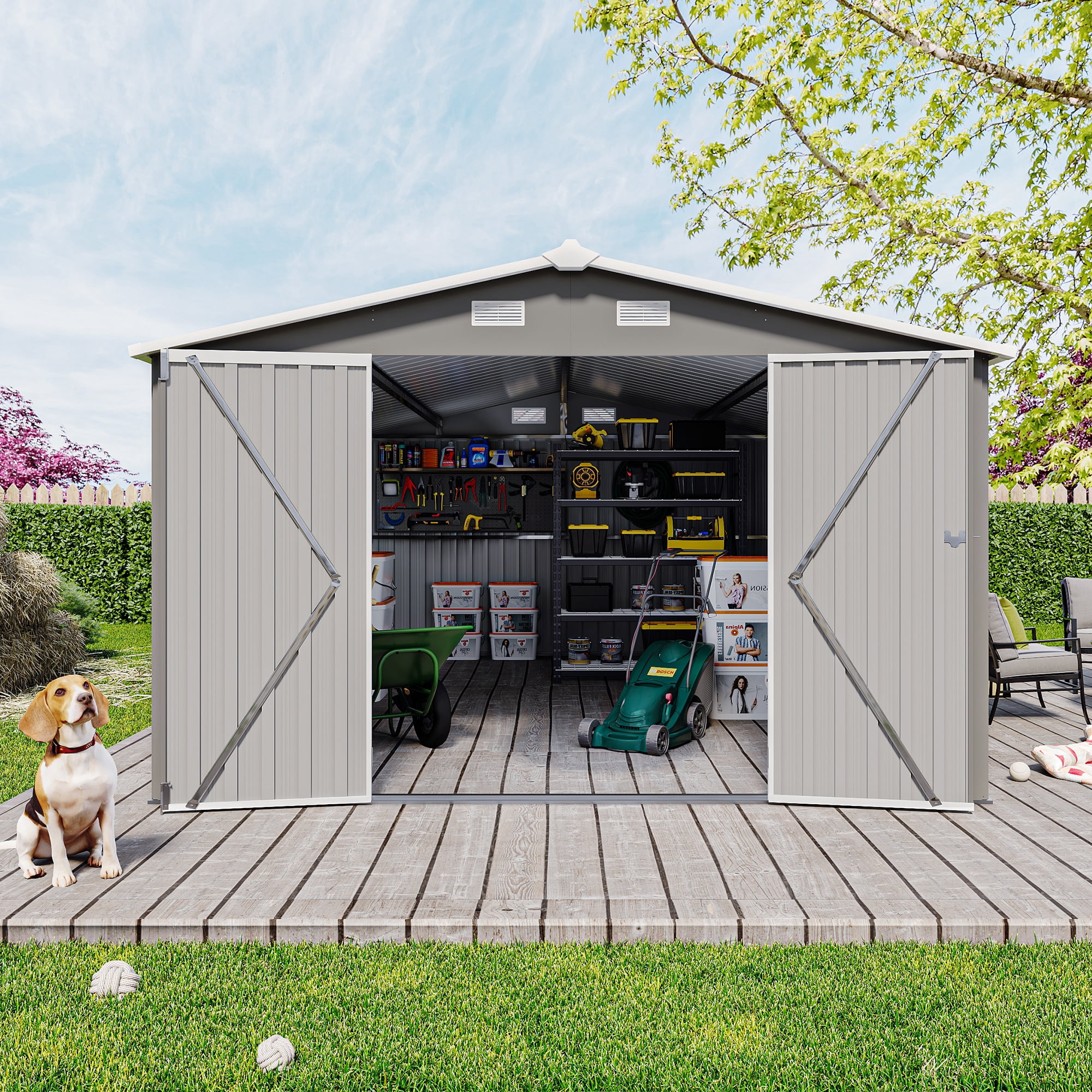 10 x 14 FT Outdoor Storage Shed, Large Metal Storage Sheds with 3 Lockable Door and 4 Air Vent, Surface Protective Film, Garden Tool Shed for Bicycles, Tools, Lawnmowers, Backyards, Patios, Lawns