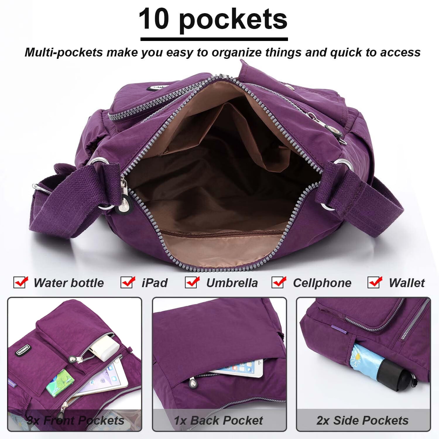 AOUNQ Crossbody Bags for Women Waterproof Hobo Purse Handbag Multi-Pocket Shoulder Bag Nylon Travel Messenger Bag,Purple