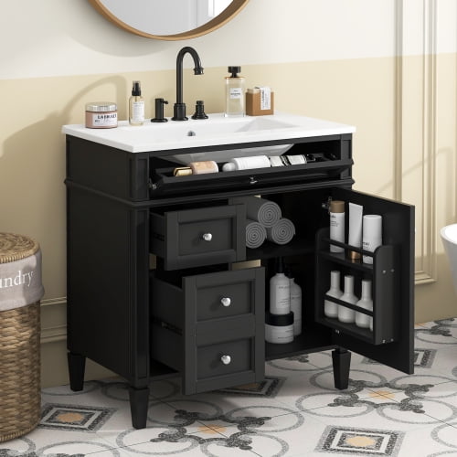 Bathroom Vanity with Sink, Solid Wood MDF, Modern Storage Cabinet with Tip-out Drawer, Amber Storage System, Soft Close Drawers, Black