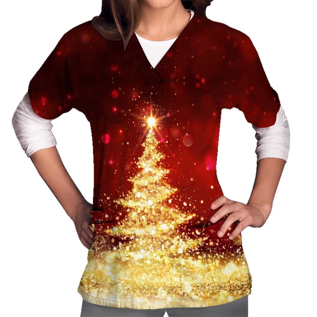 Pntutb Mujeres de manga corta con cuello en V tops Uniforme Árbol de Navidad Impreso Bolsillos Blusa Enfermería Pntutb Pntutb-2477