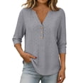 thumbnail image 2 of YuXingFu Length Sleeve Short Petite Cotton Tees Womens Tops 3/35 Sleeve V-Neck A-Line Tops - Button Front for Beach Gray #1 S, 2 of 9