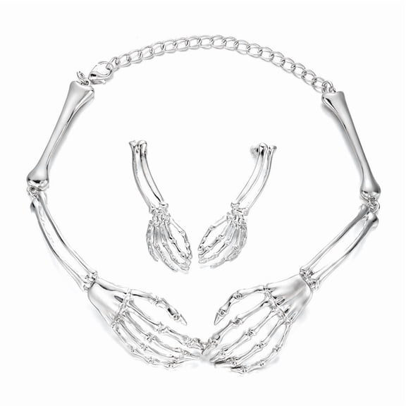 Faty-T Silver Plated Skeleton Hand 2‑Piece Jewelry Set, Articulated Bone Choker Necklace & Matching Skeleton Hand Dangle Earring Kit for Women, Spooky Gothic Statement Costume Jewelry for Halloween