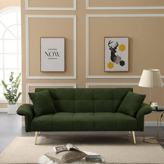 CARZZI 70" Upholstered Teddy Loveseat Sofa, Convertible Futon Sofa Couch with Adjustable Arms, Deep Seat 2 Seater Comfy Cushion Love Seat for Small Space Living Room Bedroom Apartment, Green