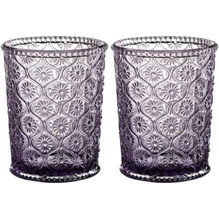 

PIKADINGNIS Set of 2 Purple Glass Tumbler 8 Oz Iced Tea Glass Sunflower Embossed