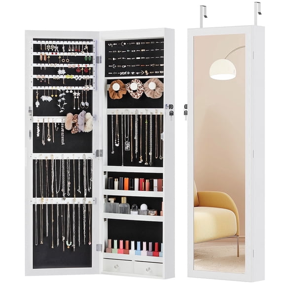 Nextay Mirror Jewellery Cabinet Lockable Wall Mounted Jewelry Armoire Organizer with 6 LED Light