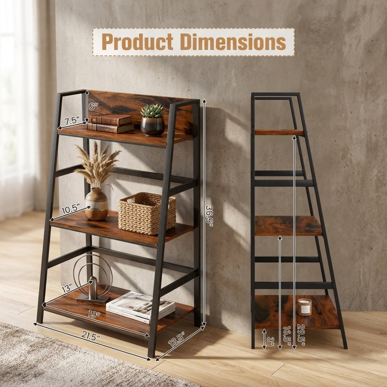 Furnibear 3-Tier Ladder Industrial Bookshelf with Metal Frame for Living Room Home Office Bedroom Display Storage Shelf, Coffee
