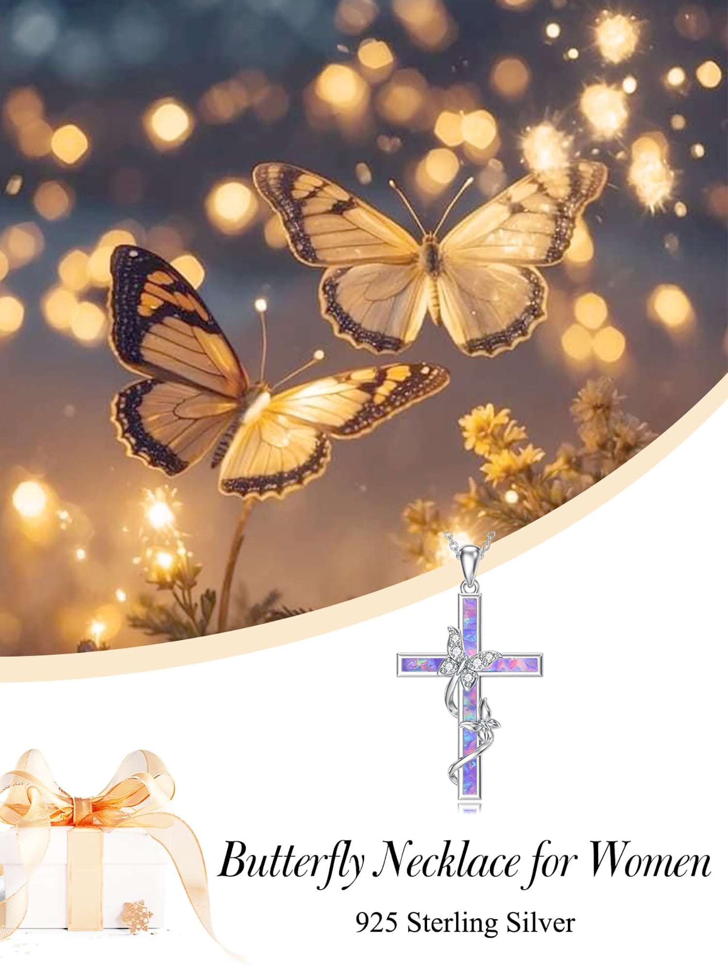 WINNICACA Cross Necklace for Women 925 Sterling Silver Butterfly Pendant Necklace Purple Opal Jewelry  Birthday Anniversary Mothers Day Gifts for Women