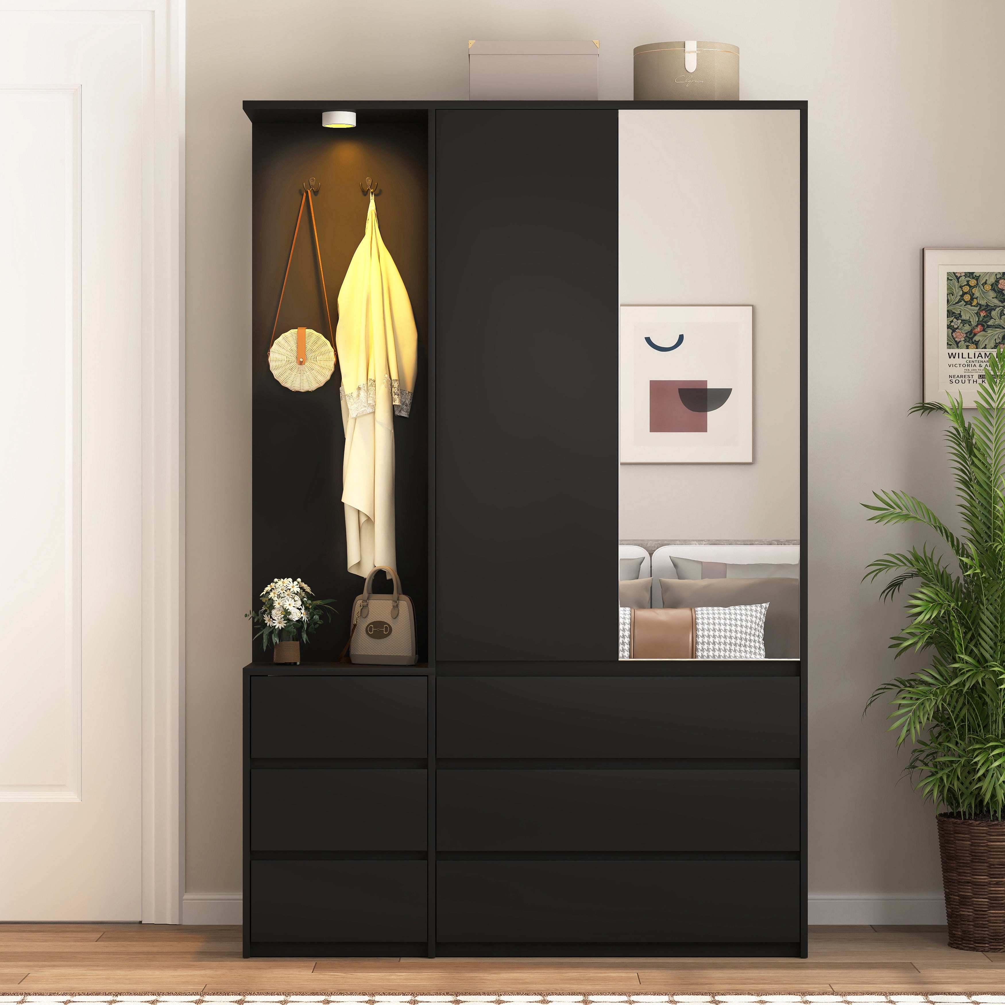 Mintazer Freestanding Wardrobe Armoire with Mirror Door, Open Coat Nook & 6 Drawers, 71" Tall Clothing Storage Cabinet with Hanging Rod & Light for Bedroom, Black