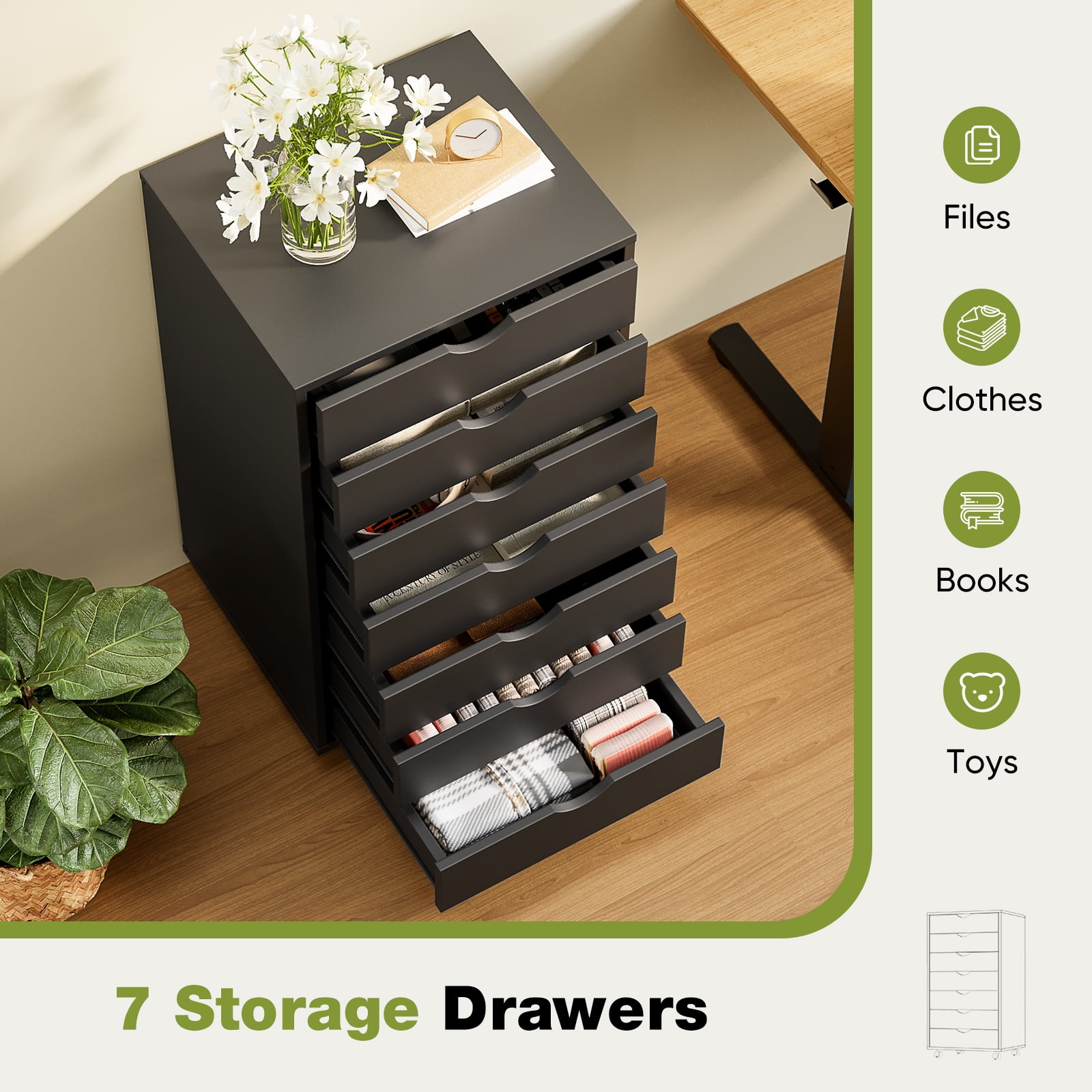 EDX 7 Drawer Storage Cabinet with Wheels for Bedroom, Home, Office Organization, Black