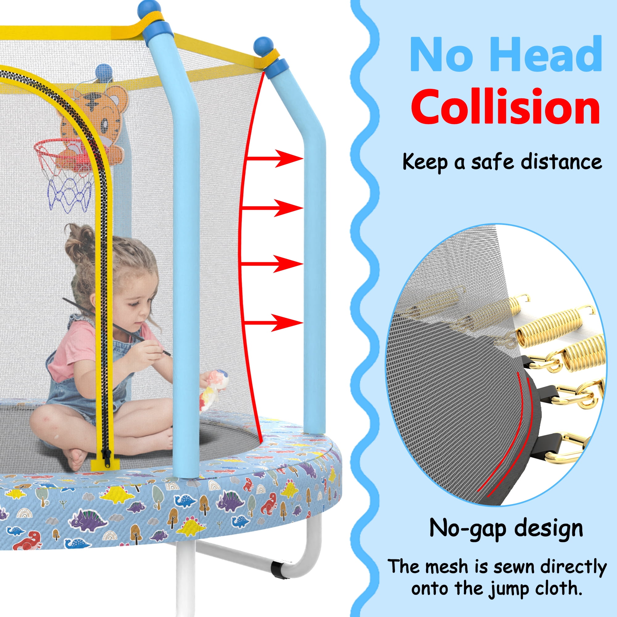 55 Inch Printed Blue Kids Trampoline with Basketball Hoop, Indoor Outdoor Toddler Trampoline