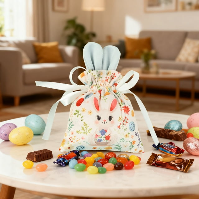 Horivan 2 Sacs à Bonbons de Pâques avec Cordon pour Fêtes Sacs à Friandises Réutilisables en Polyester avec Ficelle pour Chasse aux Œufs, Cadeaux de Vacances, Fournitures pour Paniers de Pâques