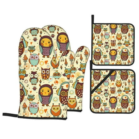 

Oven Mitts and Pot Holders Sets 4 pcs Cute Owls Non-Slip Oven Gloves Potholders Soft Quilted Lining Heat Resistant Gloves Hot Pads for Kitchen Cooking Baking