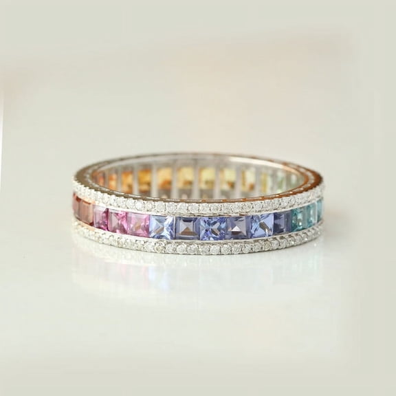 925 Starling Silver Rainbow Sapphire Ring, Multi Sapphire Band, Eternity Band Ring, Triple Layer Ring, Anniversary Ring, Handmade Jewelry, Diamond Band