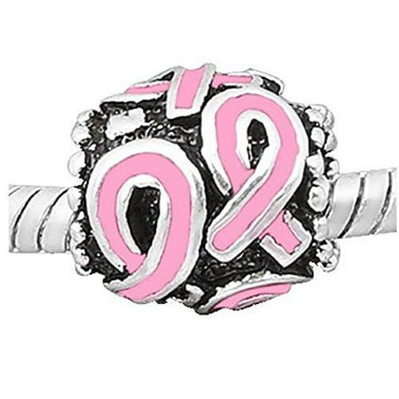 Pink Awareness Ribbon Charm Bead Pandora Compatible European Bead Compatible for Most European Snake Chain